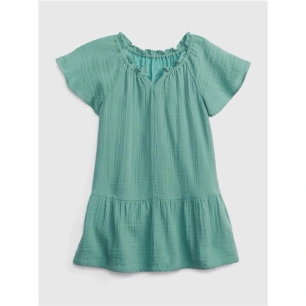 Baby Gap Teal Short Sleeve V-Neck Crinkle Gauze Tiered Dress Size 12-18M